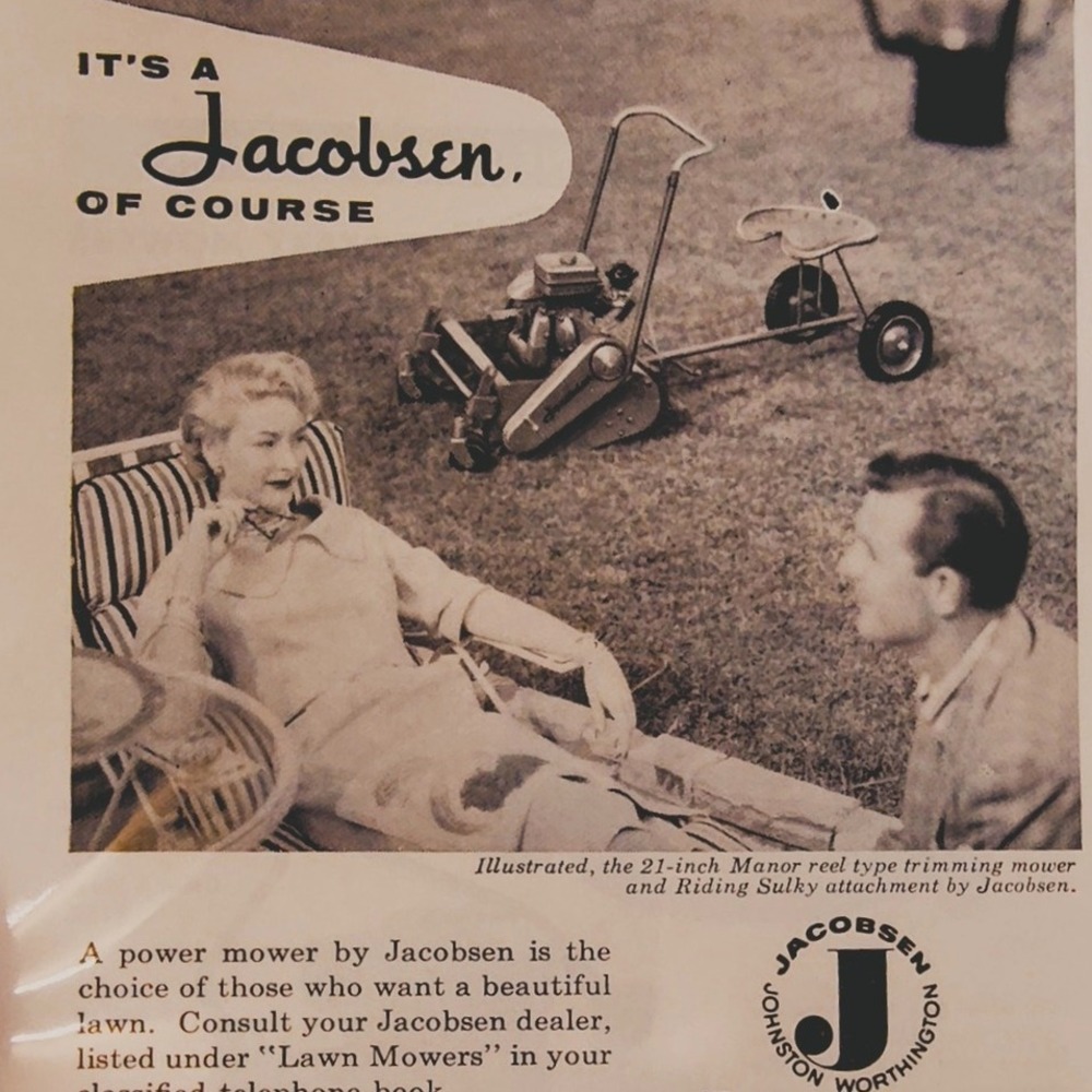 1956 Jacobsen Riding Lawn Mower Housewife Lounging in Yard - Orig Vtg Print‎ Ad